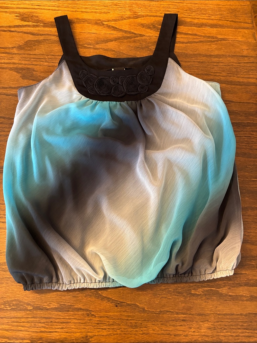 W by Worth Black-Trim Ombre Teal to Gray Chiffon Camisole with Rosette Neck